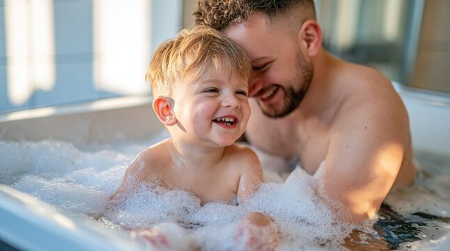 Father and young son enjoying a happy bubble bath together