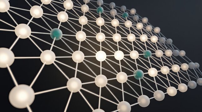 Connected network nodes grid with glowing light spheres on dark background for data structure concept