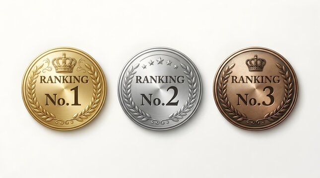 Premium Quality Gold, Silver, and Bronze Ranking Medals with Crowns and Laurel Wreaths for Winners