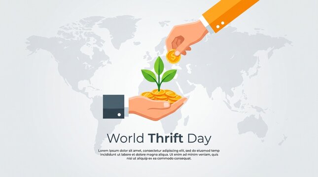 Hand placing a green plant into a coin on a world map representing World Thrift Day initiative.