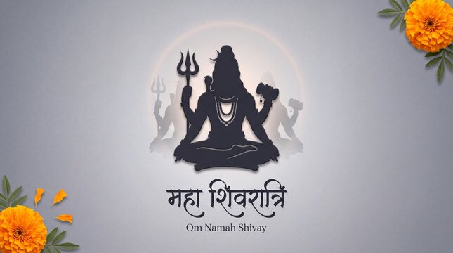 Mahashivratri Lord Shiva silhouette with trident and marigold flowers on a serene background for Hindu festival greetings and devotion