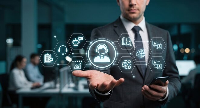 Customer service manager holding a holographic AI helpdesk and automated support dashboard.