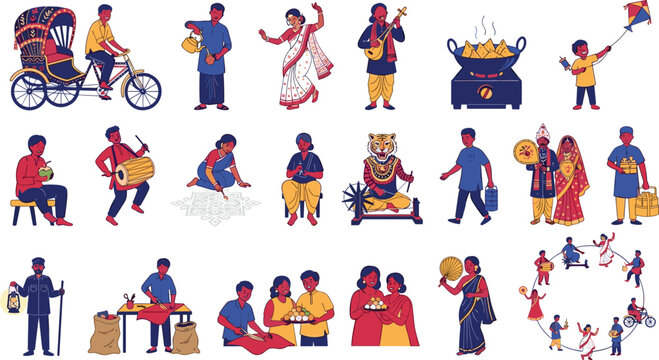 Flat Bengali Culture Vector Icon Set Featuring Rickshaw Tea Maker Baul Singer Wedding Couple Samosa Frying and Traditional Pohela Boishakh Festive Elements