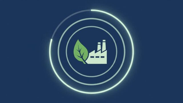 Industrial Plant Icon Scan With Leaf Emblem In Circular Rings In Deep Blue Setting