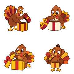 Fototapeta premium Turkey vector illustration set opening gift boxes, funny Thanksgiving cartoon characters