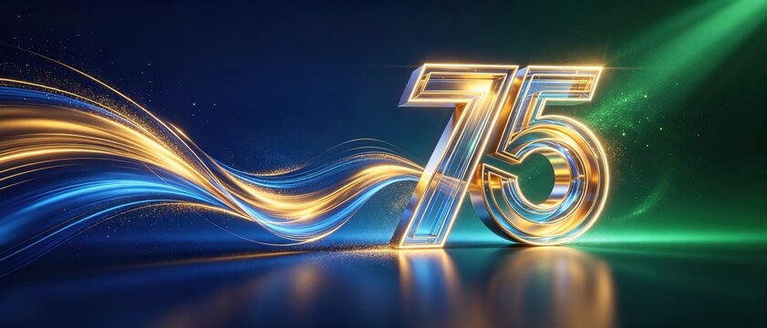 Shiny golden glass number 75 with flowing glowing blue and gold wavy light trails on dark blue background 75th anniversary celebration concept
