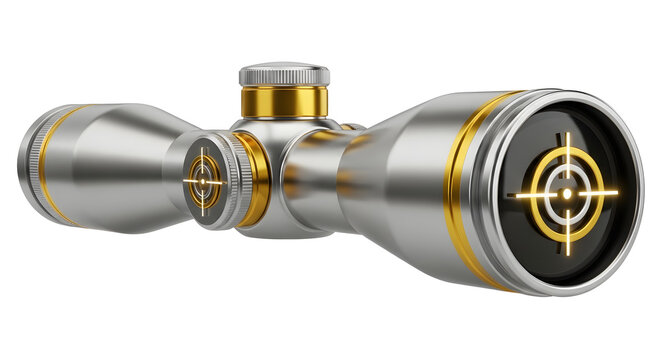 High-Tech Silver Rifle Scope with Gold Accents on White Background