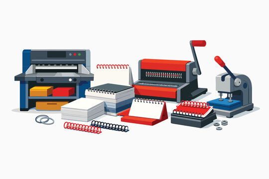 Office binding machines and supplies on white background