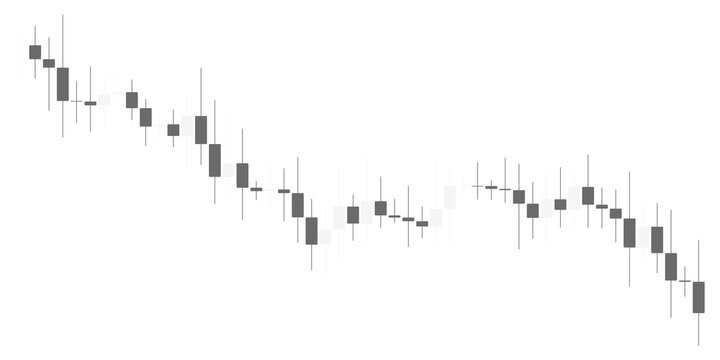 Monochrome grey financial candlestick chart isolated on transparent background for stock market analysis and trading data