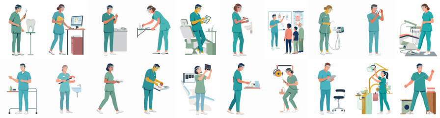 Obraz premium Collection of Flat Vector Illustrations Featuring Dental Professionals in Various Work Scenarios within a Clinic Setting