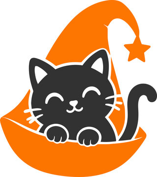 Minimalist Halloween Cat inside Moon Cradle Illustration📝 DescriptionA high-quality vector illustration of an adorable black cat sitting snugly inside a vibrant orange crescent moon basket. The minim