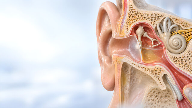 Otitis media middle ear anatomy with fluid behind the eardrum, photorealistic medical website banner with copy space for healthcare education, diagnosis awareness and patient communication