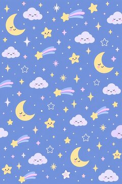 Cute dreamy night sky pattern on a soft blue background