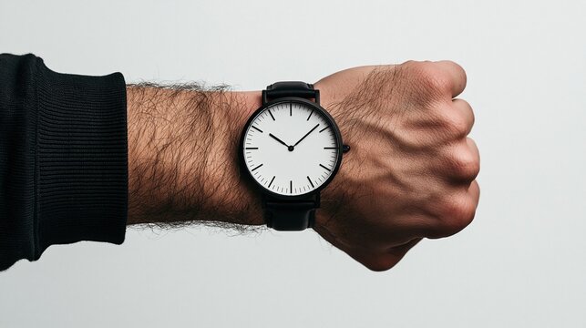 Close up of minimalist black leather strap wristwatch with white dial on man's hairy wrist on plain light gray background simple elegant men's fashion accessory concept
