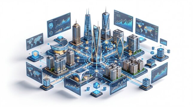 Futuristic isometric smart city with glowing data network