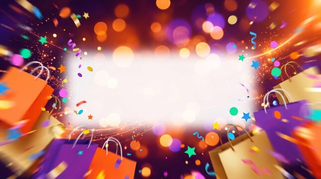 Festive shopping background with colorful gift bags and glowing bokeh lights surrounding a central white copy space