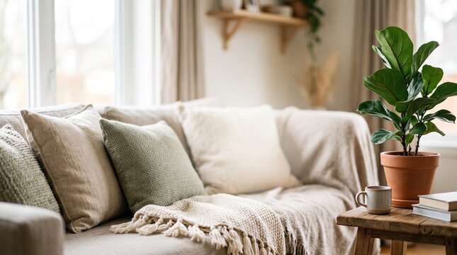 Cozy living room interior featuring a comfortable sofa with soft pillows and a warm knitted throw blanket