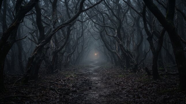 Dark foggy forest path at night with a distant glowing light in the woods