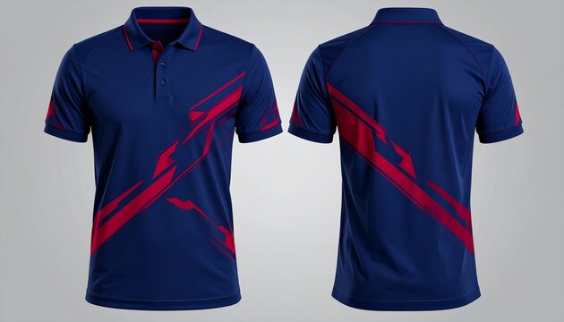 Modern Navy Blue Sport Polo Shirt with Bold Red Geometric Design Panels