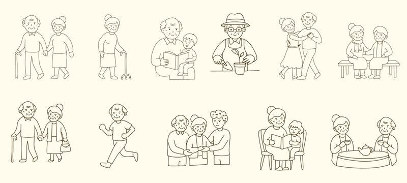 active elderly people daily lifestyle line drawing set collection