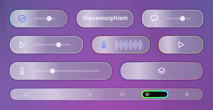Modern flat ui glassmorphism button set with icons Vector