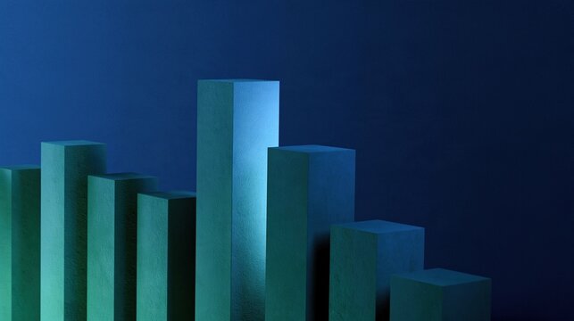 Abstract bar graph with textured teal rectangular columns tallest in center against dark blue background minimalist business data analysis and growth concept