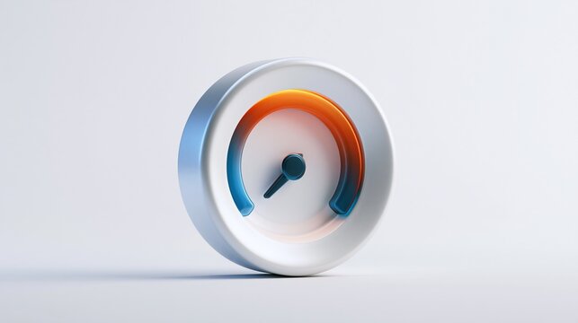 3d rendered round speedometer gauge with blue and orange arc meter and indicator on plain light gray background performance speed measurement and dial concept