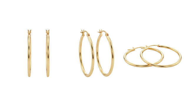 Gold hoop earrings from 3 angles, jewelry mockup isolated on transparent background