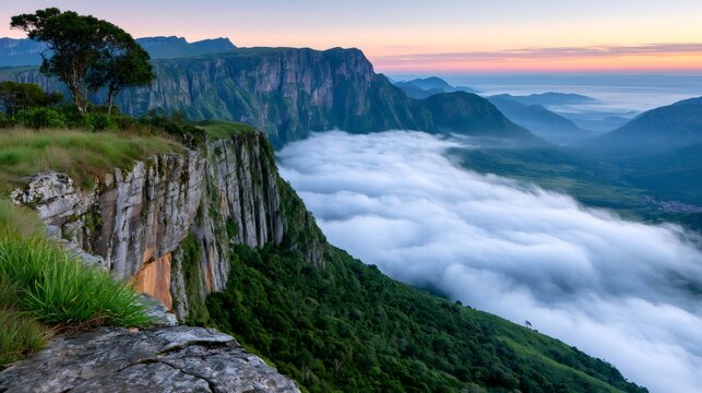 Canyons do Funil mountains at sunrise with fog