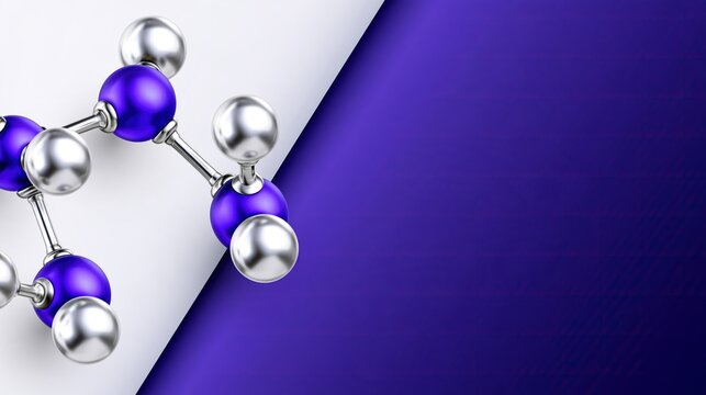 Abstract 3d molecular model with purple and silver spherical atoms on diagonal split white and dark purple background science and chemistry modern concept