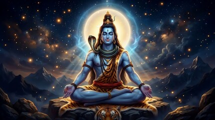 Fototapeta premium Lord Shiva Meditating in Himalayas under Full Moon Night Sky with Snake Cobra and Cosmic Glowing Aura