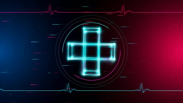 Abstract glowing cube shape with neon light lines and a digital heart beat rhythm monitor signal on a dark blue and red background representing futuristic technology 4k Motion Video