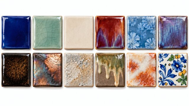 Set of twelve colorful ceramic tiles with various glazes textures and artistic patterns