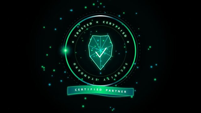 Glowing digital shield icon with check mark for trusted certified security standard and partner badge isolated on dark background with abstract particles and light effects 4k Motion Video
