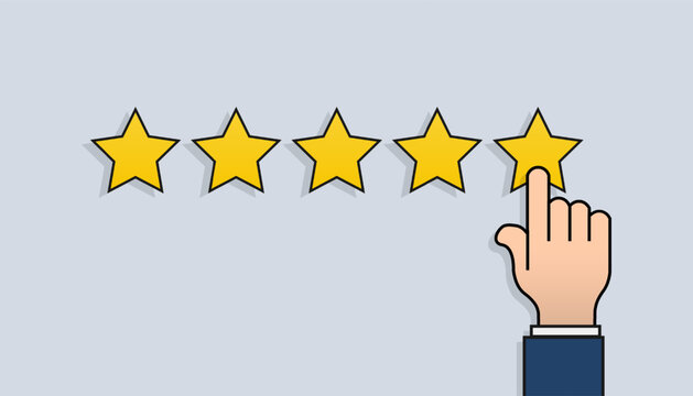 User or person rating experience using 5 star symbol. Complete satisfaction and excellent quality.