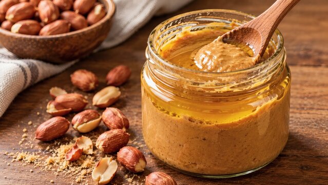 Fresh creamy peanut butter in a glass jar with a wooden spoon and scattered roasted peanuts