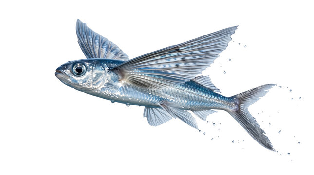 Flying fish with iridescent blue scales and wing-like fins. Exocoetidae species jumping over white background. Marine life photography.