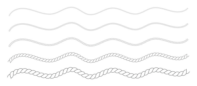 Wavy rope curve set. Repeating hemp cord stripes collection. Vector design element of rope brush. Vector illustration 10 Eps.	