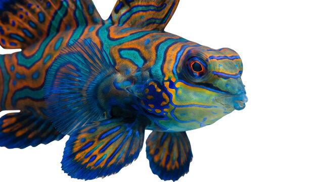 Vibrant mandarin dragonet fish on white background, colorful psychedelic mandarin fish, exotic saltwater aquarium dragonet