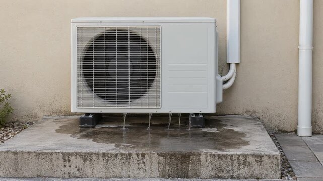 室外機の底板から数本の水の筋が流れ落ちてコンクリート基礎が濡れ広がる様子