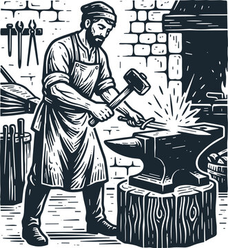 Traditional Linocut Style Blacksmith Vector Art Forging a Glowing Metal Sword on an Anvil with a Sledgehammer in a Vintage Workshop Interior