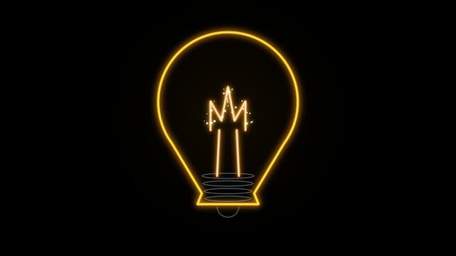 Minimalist light bulb icon with a glowing yellow neon outline on a dark black background representing a bright idea concept for business and creativity design projects 4k Motion Video