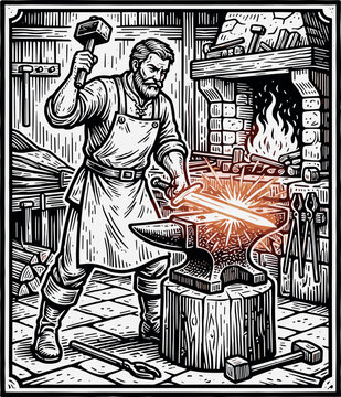 Vintage Style Woodcut Blacksmith Vector Illustration Forging a Glowing Hot Steel Blade with a Hammer on an Anvil Inside a Forge Workshop