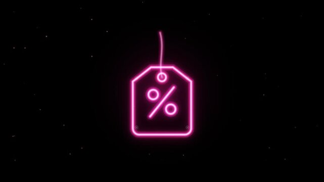 Bright pink neon price tag icon with a percentage sign glowing against a dark black background 4k Motion Video