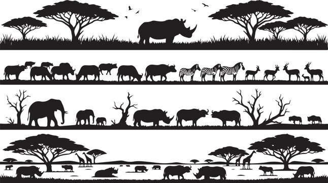 African savanna animal silhouettes featuring rhinoceros, elephants, buffalo, zebras, and antelopes in a natural landscape on white background
