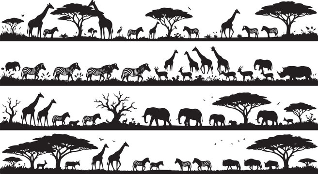 African savanna wildlife silhouettes featuring giraffes, zebras, elephants, and rhinoceros in a natural landscape on white background border