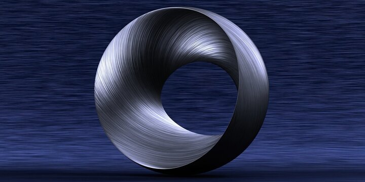 Abstract modern 3d art of brushed metallic silver infinite moebius torus ring placed on textured dark blue brushed background geometric design concept