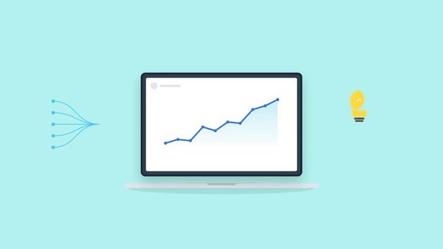Modern digital laptop with upward trending line graph, incoming stream nodes, and a lightbulb icon, representing an efficient income tracker concept for business presentations and financial planning.