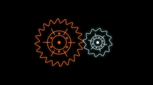 Two glowing neon gear wheels rotating together with orange and blue light lines on a dark black background representing mechanical engineering and industrial innovation 4k Motion Video
