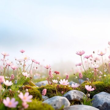 a field of flowers with moss and rocks